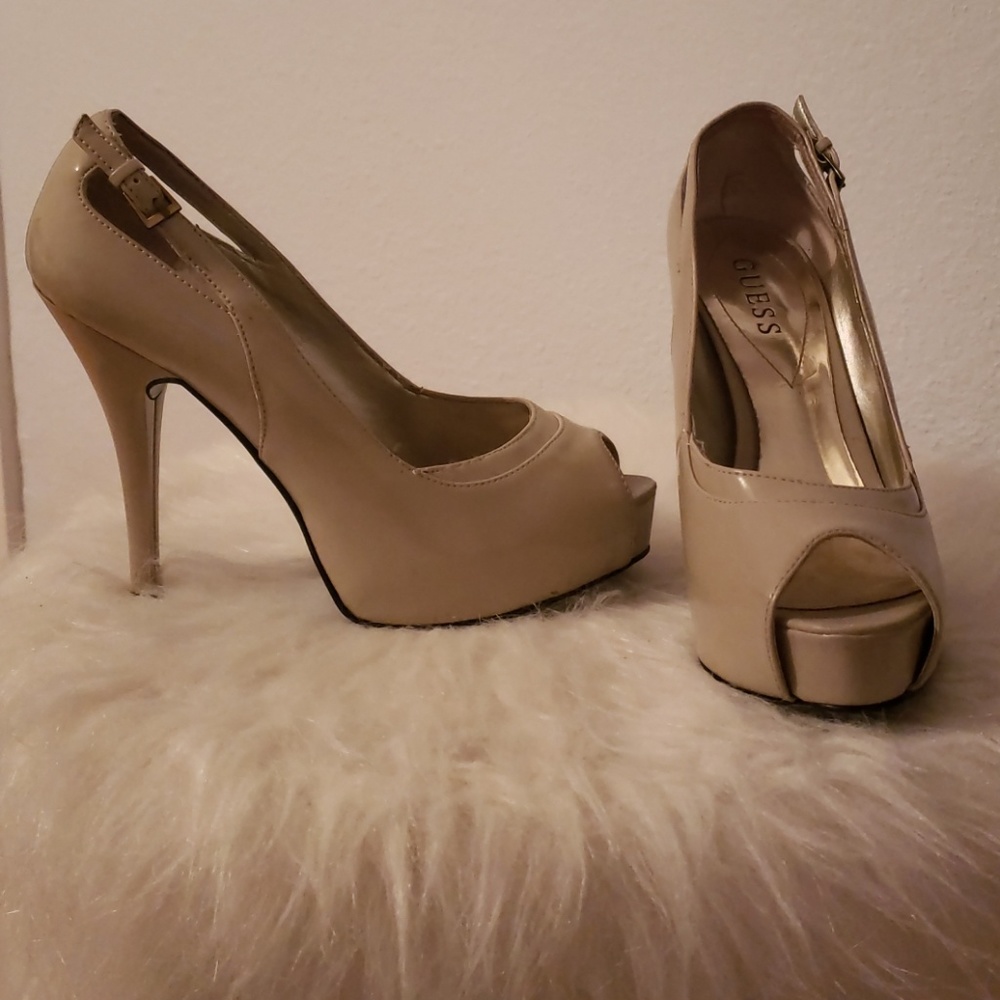 Nude peep-toe platform heels